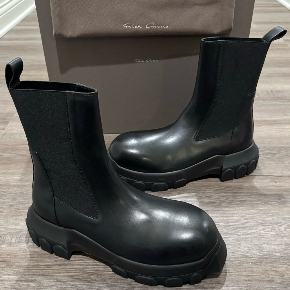 Rick Owens Beatle Bozo Tractor Black Leather Chelsea Platform Boots